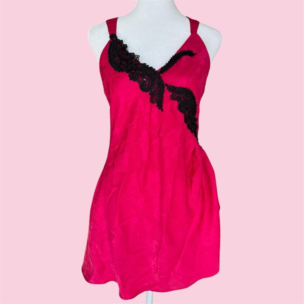 Vintage Victoria's Secret Gold Label pink and black lace beaded satin slip dress